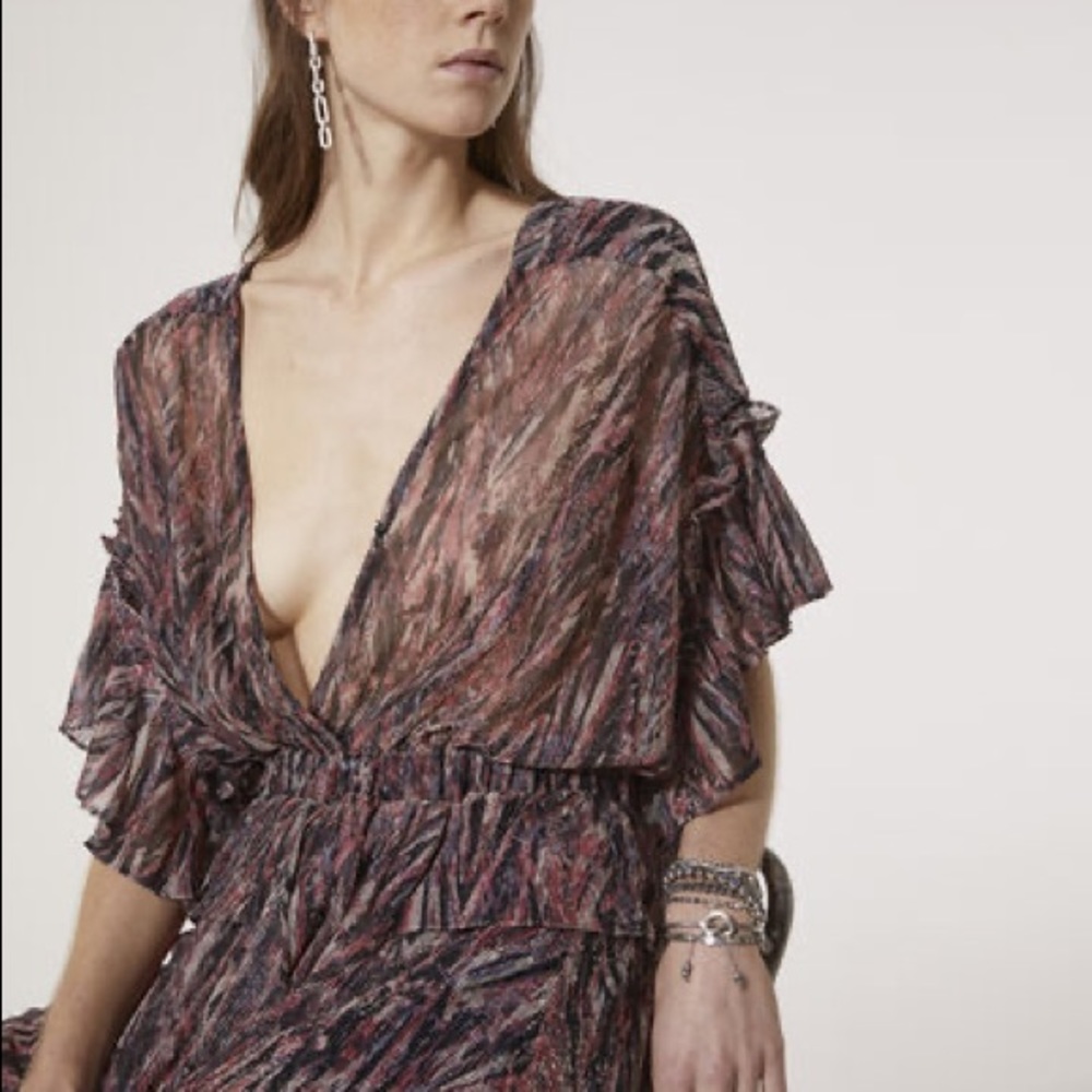 NWT Iro Buroux Metalic Ruffled Printed Lurex Dress in Blackfushia FR38